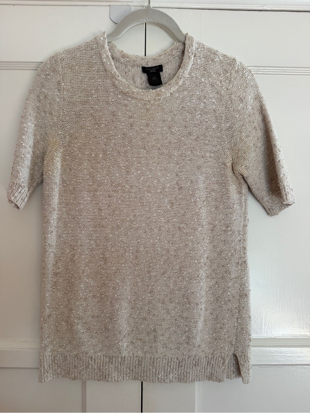 Ann Taylor Short-Sleeve Crewneck Textures Sweater in Oatmeal